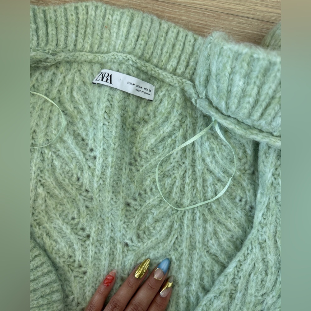 Zara Cable-Knit Ruffle Open Sleeveless Cardigan Sweater Green M - Picture 4 of 5